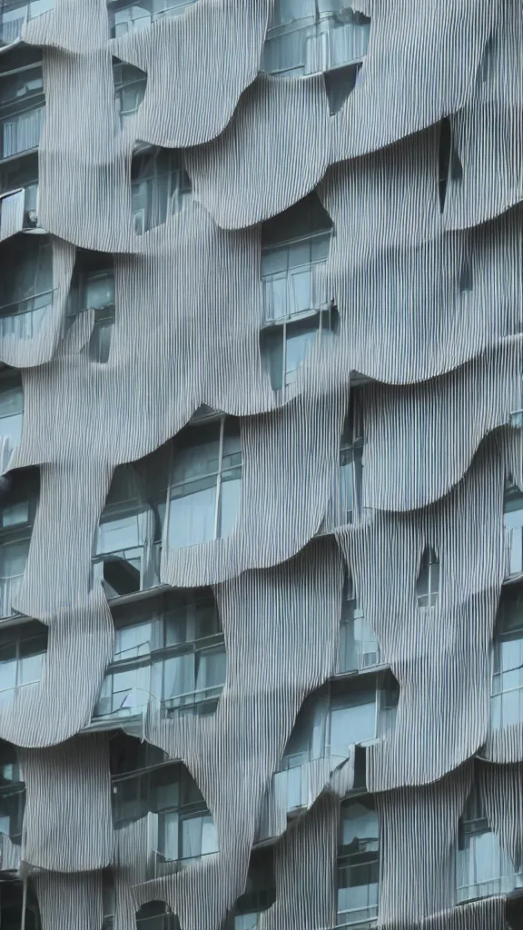 Prompt: hyperrealistic photo of a futuristic parametric timber clad building in a urban setting. the building has many crowded balconies with hanging plants and large windows. parts of the building are wrapped in billowing fabric tarps. the fabric tarps are translucent mesh with large holes for balconies and windows. the fabric hangs from metal scaffolding. sharp focus. 8 k