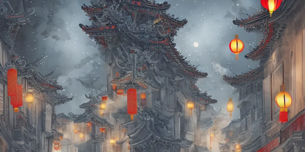 Image similar to Chinese white dragon flies at us over an ancient Chinese street at night in the moonlight, the street is lit with Chinese lanterns, illustration, artstation