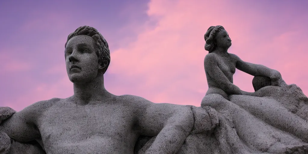 Prompt: a photograph of a statue thinking deeply and a pink sky in the background, hyper realistic, 8 k, wide angle photo