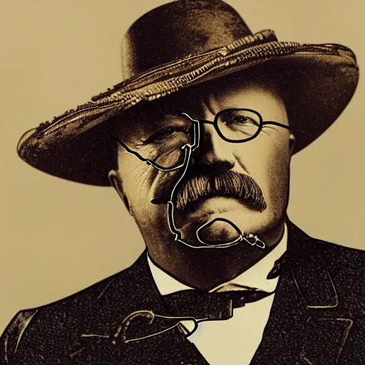 Image similar to a portrait of teddy roosevelt with cyborg enhancements, presidential portrait, hyper detailed