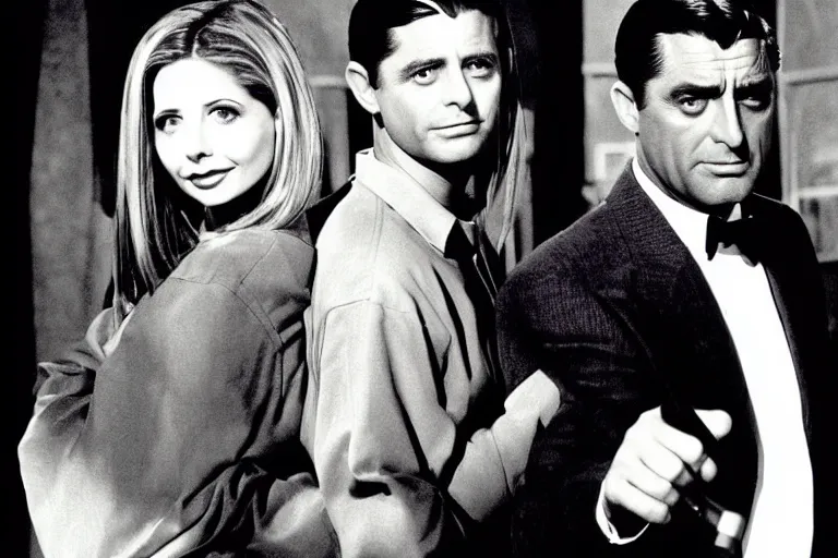 Image similar to cary grant as giles in buffy the vampire slayer, along side sarah michelle gellar 1 9 9 8