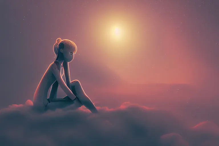 Image similar to a cute robot girl sitting on a cloud relaxing, misty, digital art, hazy, foggy, red lighting, ambient lighting, 8 k,