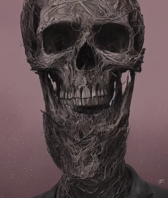 Image similar to portrait of a skull in a suit. intricate abstract. intricate artwork. nightmare fuel. by Tooth Wu, wlop, beeple, dan mumford. octane render, trending on artstation, greg rutkowski very coherent symmetrical artwork. cinematic, hyper realism, high detail, octane render, 8k, iridescent accents