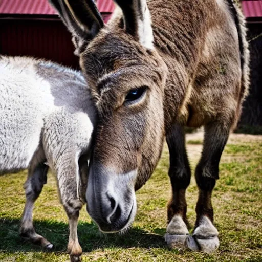 Prompt: a donkey kissing a dragon