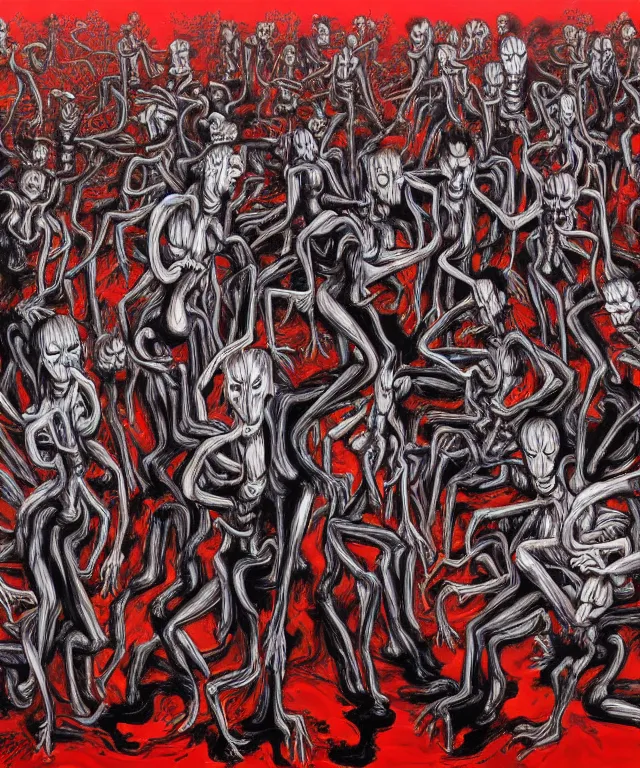 Prompt: professional fine artwork by Junji Ito of a group of cyborgs in hell. abstract expressionism thick flowing oil acrylic painting