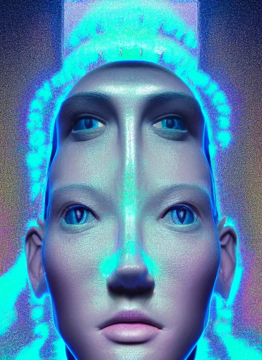 Image similar to highly detailed surreal vfx portrait of a 3 d head made of speaker stacks. 🔈 polyphonic pulse projections, liquid light, metallic, galactic, crystalline edges, elegant, centered hyperrealistic, octane render, inspired by james jean, okuda sam miguel, android jones, beeple, rhads 8 k