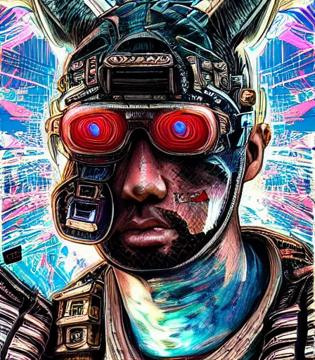 Prompt: hyper detailed comic illustration of a cyberpunk Samurai wearing a futuristic sunglasses and a gorpcore jacket, markings on his face, by Android Jones intricate details, vibrant, solid background, low angle fish eye lens