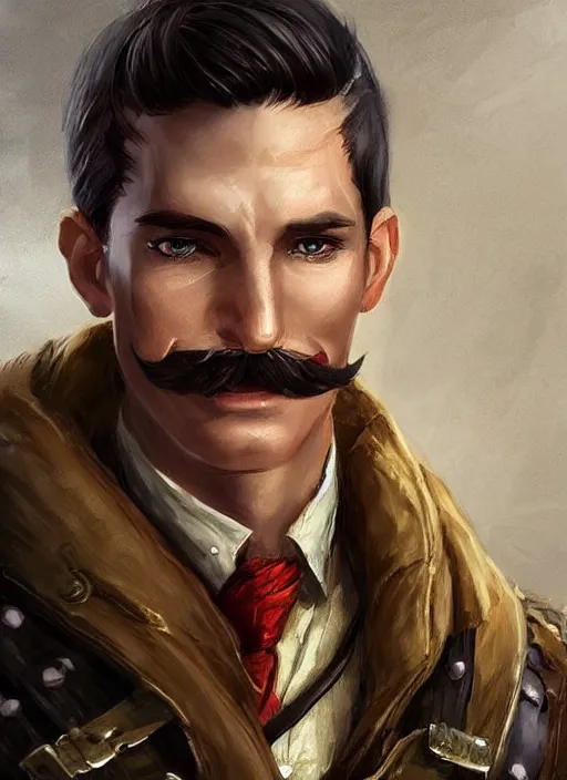 Image similar to young man with short white combover hair and moustache, dndbeyond, bright, colourful, realistic, dnd character portrait, full body, pathfinder, pinterest, art by ralph horsley, dnd, rpg, lotr game design fanart by concept art, behance hd, artstation, deviantart, hdr render in unreal engine 5