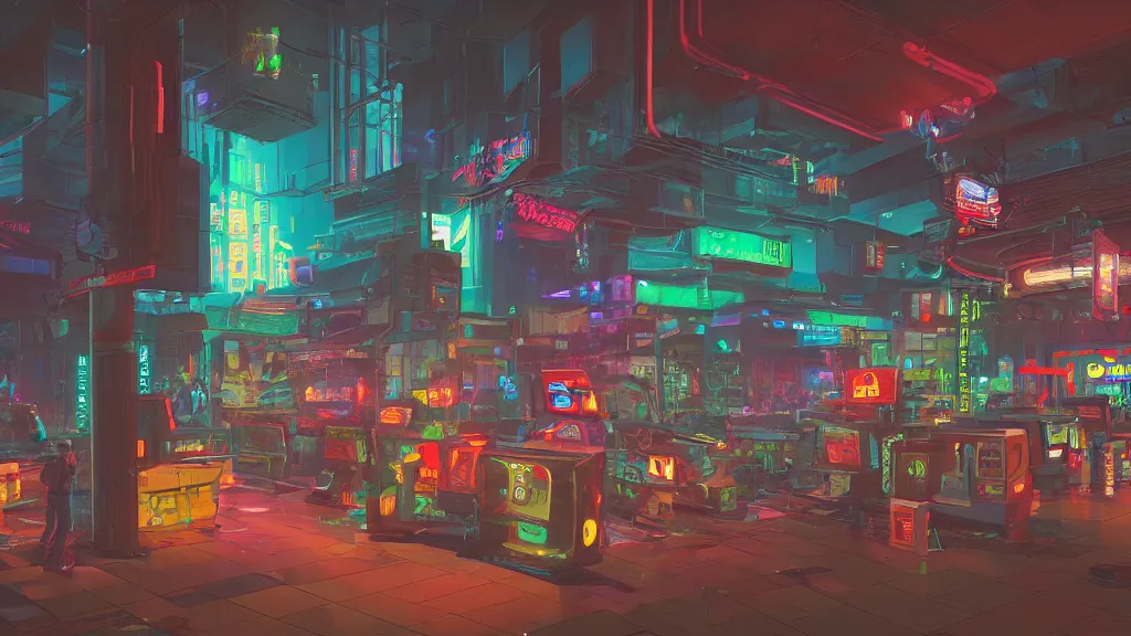 Prompt: digital painting of a cyberpunk arcade, by simon stålenhag, trending on artstation