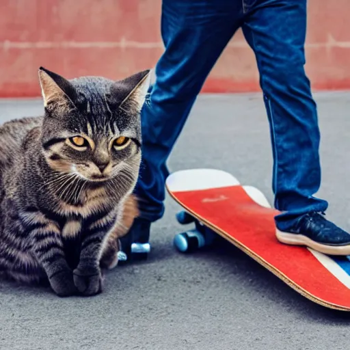 Image similar to a cat pulling a man on a skateboard