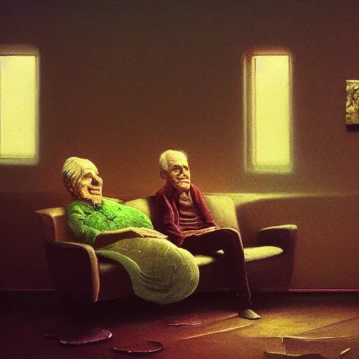 Prompt: highly detailed photo of a very old couple sitting on a couch, psx game graphics , Beksinski painting, part by Adrian Ghenie