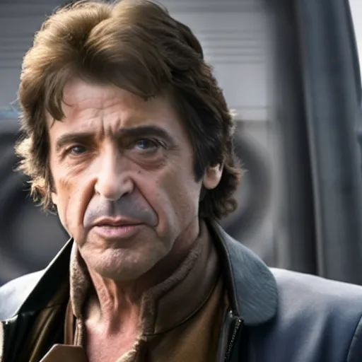 Image similar to A still of Al Pacino as Han Solo. Extremely detailed. Beautiful. 4K. Award winning.