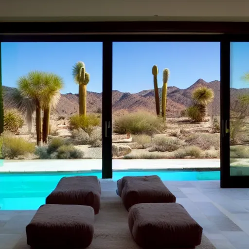 Prompt: modern desert pavlion interior looking out of large pivoting doors into expansive pool and vista with cacti