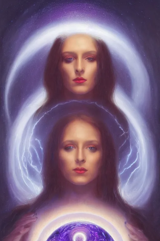 Image similar to gorgeous psychic woman, opening third eye chakra, dark theme night time, expanding electric energy waves into the ethereal realm, epic surrealism 8k oil painting, portrait, perspective, high definition, post modernist layering, by Sophie Anderson, Gerald Brom