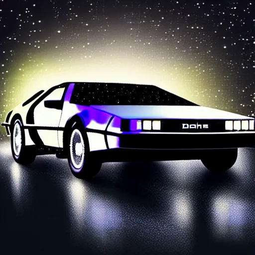Image similar to futuristic delorean time machine at night in the rain driving on the highway