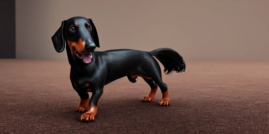 Image similar to a female all black wiener dog Trending on artstation, award winning. Octane render, 4k, 8k, unreal 5, very detailed, hyper control-realism.