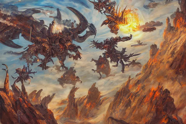 Prompt: oil painting, aerial view, hight detailed, battle between knights and monsters at red planet, in style of 80s sci-fi art and classicism