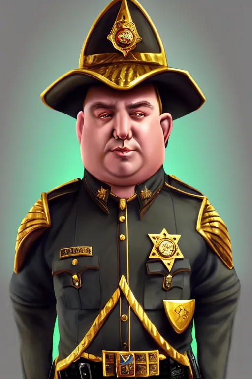 Prompt: fat high elf mall cop with a sheriff's badge, they are shifty and incompetent, Oil Painting, hyperrealistic, Detailed Digital Art, RPG portrait, 3/4 bust, dynamic lighting, Highly Detailed, Cinematic Lighting, 8k, HD