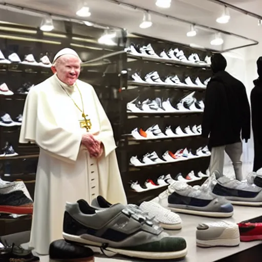 Image similar to john paul ii in a sneaker store