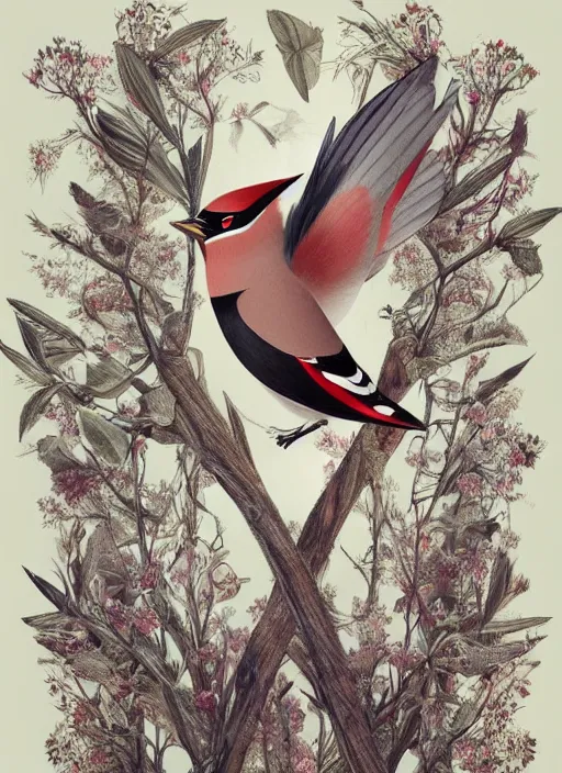 Image similar to ethereal Bohemian Waxwing bird, Bombycilla garrulus, intricate details, ornate, detailed illustration, octane render, Johanna Rupprecht style, William Morris style, trending on artstation