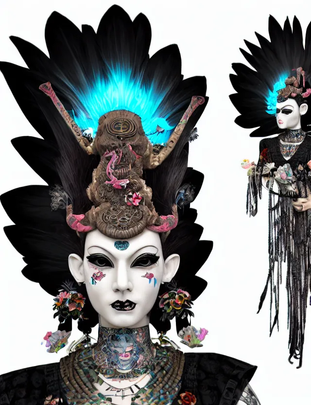 Image similar to 3 d goddess close - up profile portrait punk with mohawk in victorian style with ram skull. beautiful intricately detailed japanese crow kitsune mask and clasical japanese kimono. betta fish, jellyfish phoenix, bio luminescent, plasma, ice, water, wind, creature, artwork by tooth wu and wlop and beeple and greg rutkowski