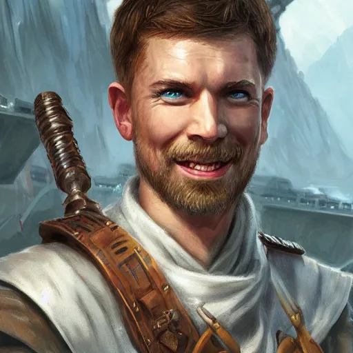 Image similar to grinning white male rogue on ship deck, naval background, fantasy, D&D 5e, 5th edition, portrait, highly detailed, digital painting, HD, artstation, concept art, matte, sharp focus, illustration, art by artgerm and greg rutkowski