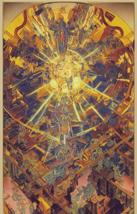 Image similar to beautifully colored detailed religious painting of occultist scientists summoning extradimensional gundam, occult giant robot power armor etched with glowing magical runes by m. c. escher, beeple, greg rutkowski and alphonse mucha. 8 k hd resolution, chihuly