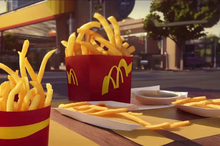 Image similar to a mc donalds commercial with a 3d snake spitting french fries, commercial, 3d render, Mc donalds, 4k, sharp, by Beeple, Octane Render, cinema 4d