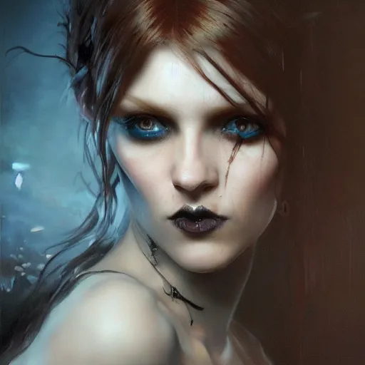 Image similar to dark goth queen with blue eyes, dark fantasy, hyperrealistic portrait, art of elysium by jeremy mann and alphonse mucha, fantasy art, photo realistic, dynamic lighting, dark, goth, artstation, ginger hair, volumetric lighting, very detailed face, 4 k, award winning