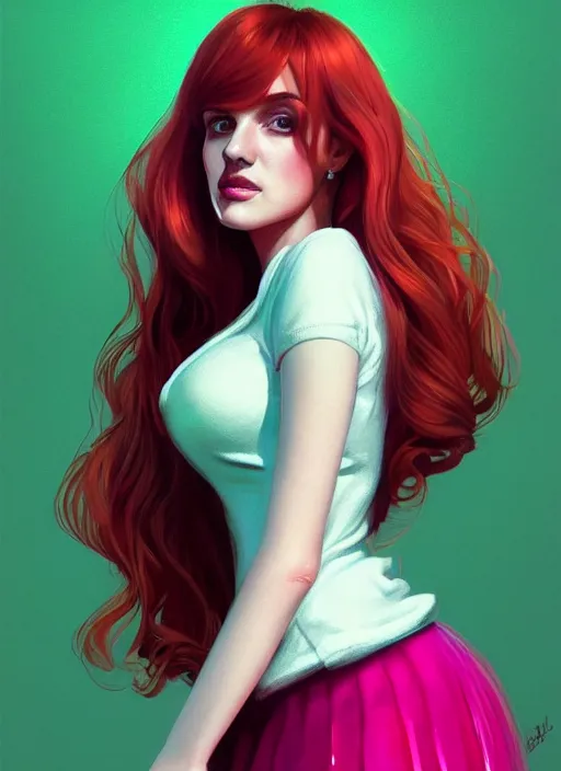 Image similar to full body portrait of teenage cheryl blossom, bangs, green eyes, sultry expression, red hair, sultry smirk, bangs and wavy hair, pink skirt, intricate, elegant, glowing lights, highly detailed, digital painting, artstation, concept art, smooth, sharp focus, illustration, art by wlop, mars ravelo and greg rutkowski