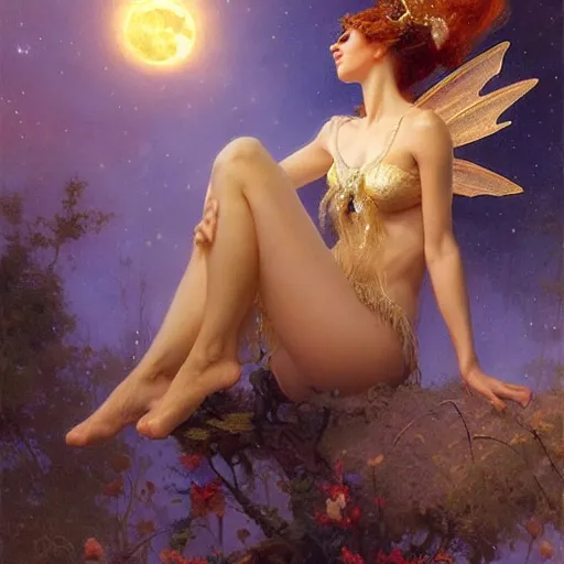 Image similar to attractive fairy magically floating high in the night, fantasy, full moon in background. highly detailed painting by gaston bussiere, craig mullins, j. c. leyendecker, sharp focus, 8 k