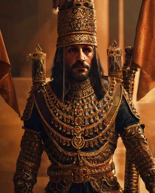 Prompt: xerxes of persia, oil painting, by, by, by, epic, intricate, octane render, matte, highly detailed, amazing lighting, big budget movie still, smooth, sharp, 8 k