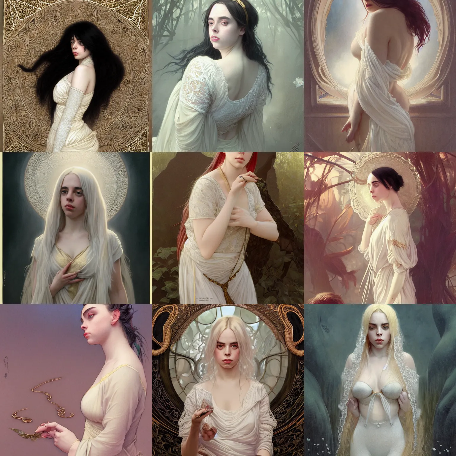 Prompt: billie eilish, curvy, white lace clothing, gold accessories, elegant, highly detailed, digital painting, matte, sharp focus, art by artgerm, greg rutkowski, alphonse mucha, frank frzetta, boris vallejo, bouguereau, beksinski, cinematic