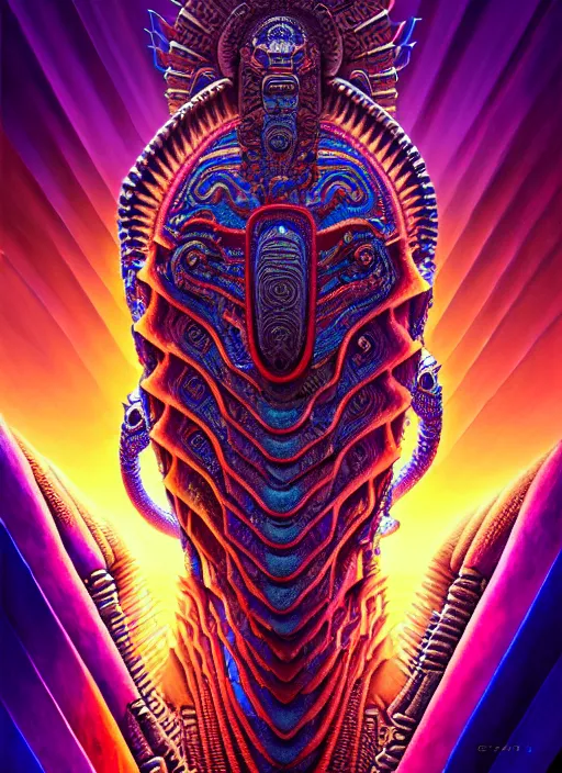 Image similar to hyper detailed ultra sharp 3 d render like a oil painting aztec serpent warrior princess, fractal plane, deep voyage, parallel existence, earthwave, colorful, neon, ornate, intricate, digital painting, concept art, smooth, sharp focus, illustration, art by artgerm and greg rutkowski and h. r. giger, 8 k