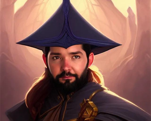 Image similar to a portrait of alexis ohanian as a wizard, wizard hat, handsome, deep focus, d & d, fantasy, intricate, elegant, highly detailed, digital painting, artstation, concept art, matte, sharp, illustration, hearthstone, art by artgerm and greg rutkowski and alphonse mucha