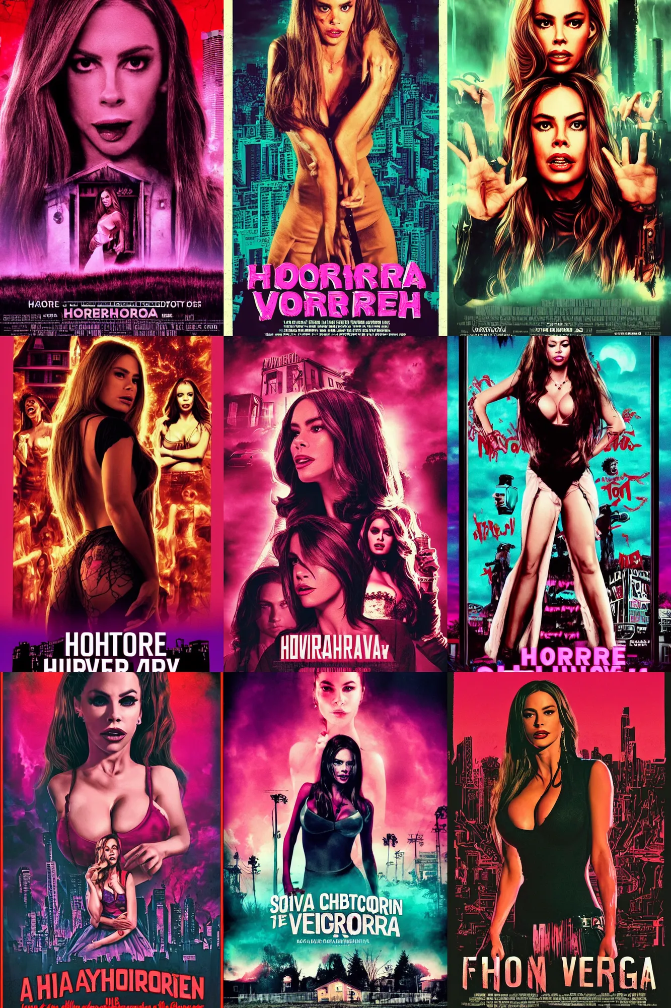 Prompt: a horror movie poster, staring Sofía Vergara as the heroine, neighborhood themed, by synthwave cyberwave