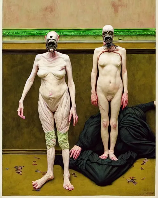 Image similar to two skinny old people with extra limbs, wearing gas masks and robes of gold, green and pink, cinematic, dystopian, eerie, horror, gothic, highly detailed painting by Jenny Saville, Esao Andrews, Francis Bacon, !!!Edward Hopper!!! surrealism, art by Takato Yamamoto and James Jean