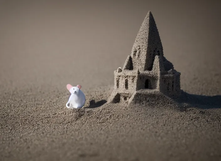 Image similar to dslr photo still of a little white mouse inside an intricate sand castle on wet sand in a bright sunny day, 8 k, 8 5 mm f 1. 4