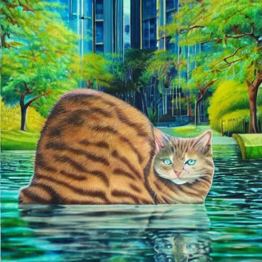 Image similar to cat in a beautiful city of the future in harmony with nature. Beautiful detailed painting by Lurid. (2022)