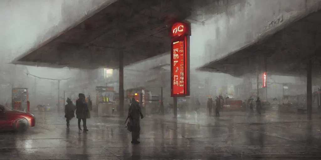 Prompt: a highly detailed epic cinematic concept art CG render digital painting artwork: Tokyo gas station, fog. By Greg Rutkowski, in the style of Francis Bacon and Syd Mead and Norman Rockwell and Beksinski, open ceiling, highly detailed, painted by Francis Bacon and Edward Hopper, painted by James Gilleard, surrealism, airbrush, Ilya Kuvshinov, WLOP, Stanley Artgerm, very coherent, triadic color scheme, art by Takato Yamamoto and James Jean