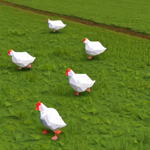 Prompt: low poly white chickens running through a farm, isometric view, 3d render, detailed, ray tracing, Eggs Inc