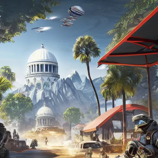 Prompt: clean white dome in a pleasant urban setting surrounded by families, in style of apex legends, art station, ultra hd, soft light, overhead sun, ultra hd, art station