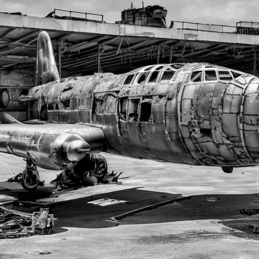 Prompt: A destroyed B-29 Superfortress at an airbase undergoing routine maintenance, wasteland, sun overhead, Second World War, hyper realistic, super detailed, 4k, HDR, sharp focus, shading