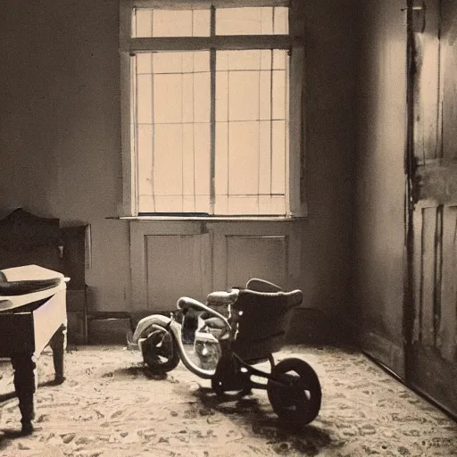 Image similar to A darkened kitsch-filled dusty parlor brightened and warmed by the morning sun, a small tattered Persian rug is on the floor, a little child\'s tricycle is parked in the corner of the room, cinematic, vignette, ultrarealistic, photograph