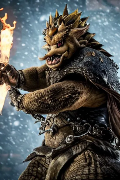 Image similar to very very intricate photorealistic photo of bowser in an episode of game of thrones, photo is in focus with detailed atmospheric lighting, award - winning details