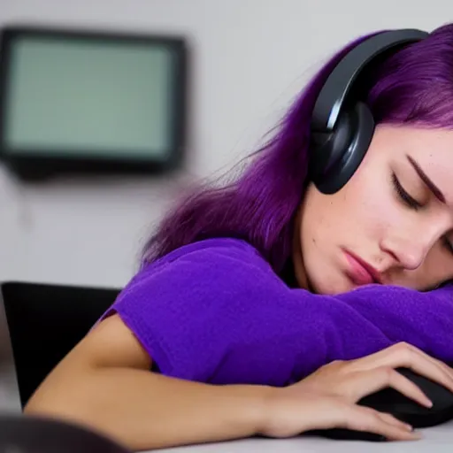 Image similar to beautiful purple - haired female sleeping at computer, wearing headphones, snoring