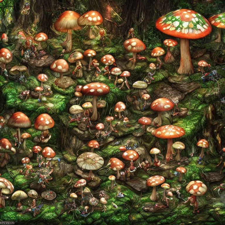 Prompt: hyper detailed mushroom Elf elves in the forest digital art, 4k, deviantart studio lighting