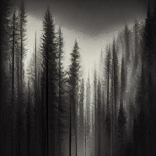 Prompt: digital and traditional art painting of ethereal plane with forest and mountainside, black and white, sharp, muted hint of colour, high detail, textured, by caestrad, dark background, unsettling, mystic, perfect lighting, high contrast, arstation, chris cold, artgerm, golden ratio, hard blacks, lightrays