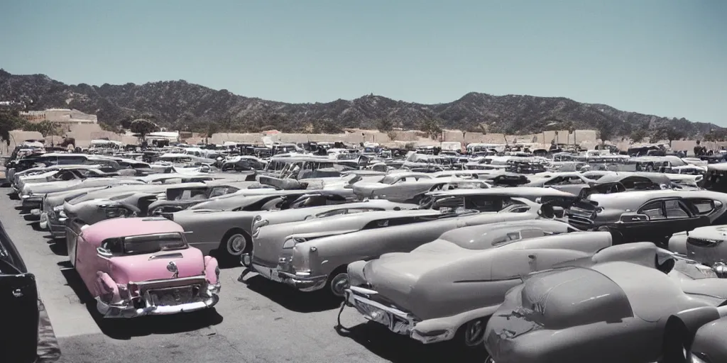 Prompt: analog photo of a parking lot full of cadillacs in Malibu, slight pink color bleed over the picture