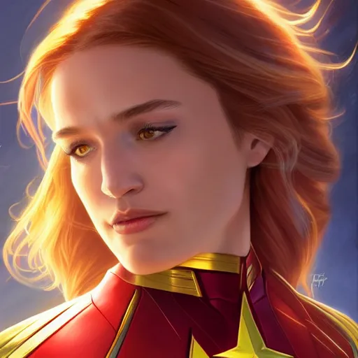 Image similar to ultra realistic illustration, bella thorne as captain marvel, intricate, elegant, highly detailed, digital painting, artstation, concept art, smooth, sharp focus, illustration, art by artgerm and greg rutkowski and alphonse mucha